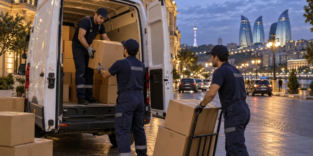 Gecə yükdaşıma xidməti üçün işıqlı küçədə qutuları yük avtomobilinə yükləyən heyət