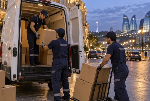 Gecə yükdaşıma xidməti üçün işıqlı küçədə qutuları yük avtomobilinə yükləyən heyət