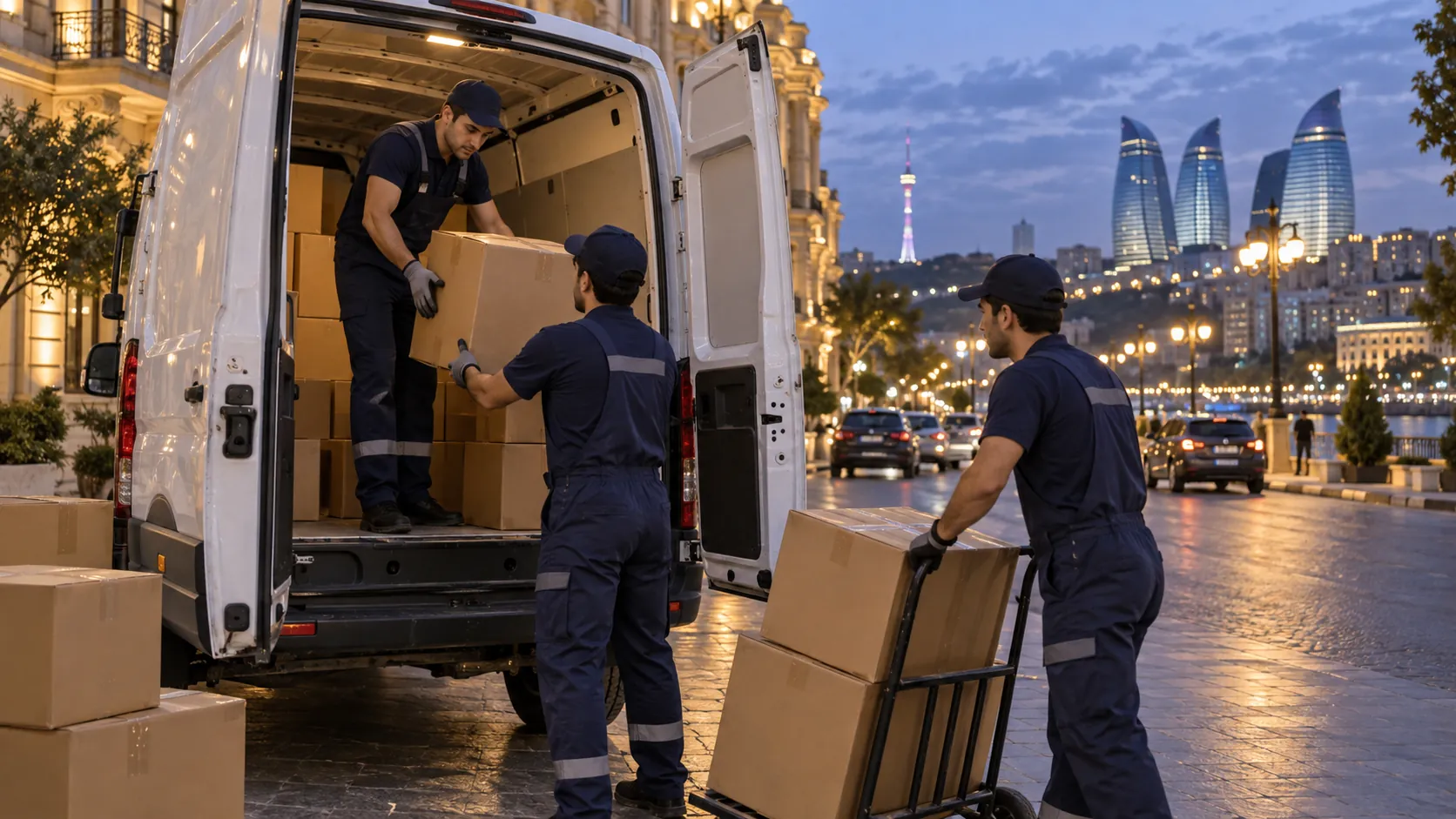 Gecə yükdaşıma xidməti üçün işıqlı küçədə qutuları yük avtomobilinə yükləyən heyət