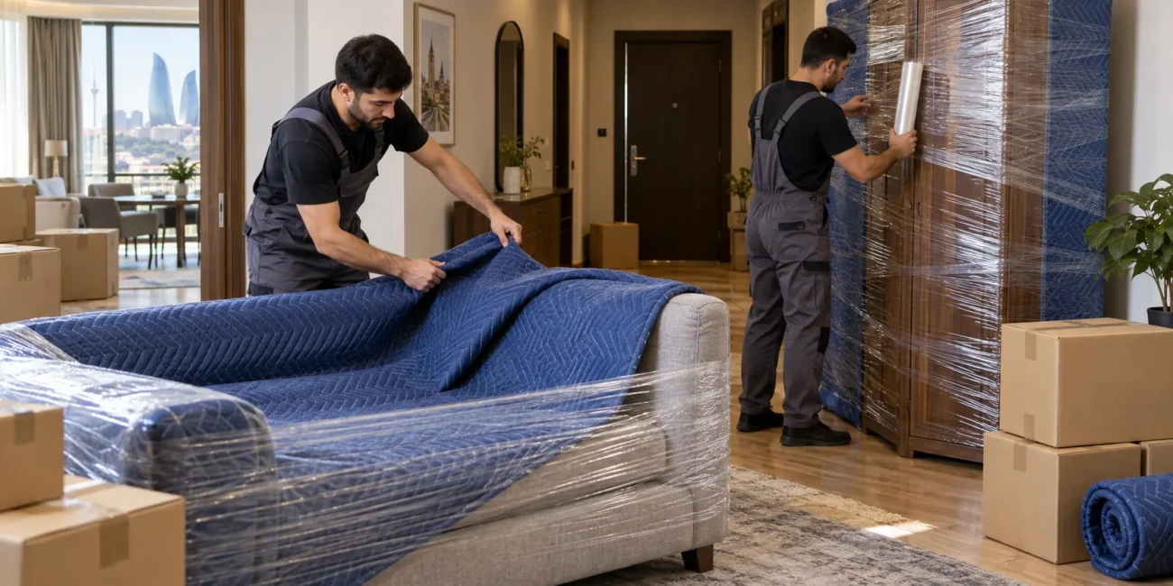 Mebel daşınması üçün divan və şkafın qoruyucu örtüklə paketlənməsi