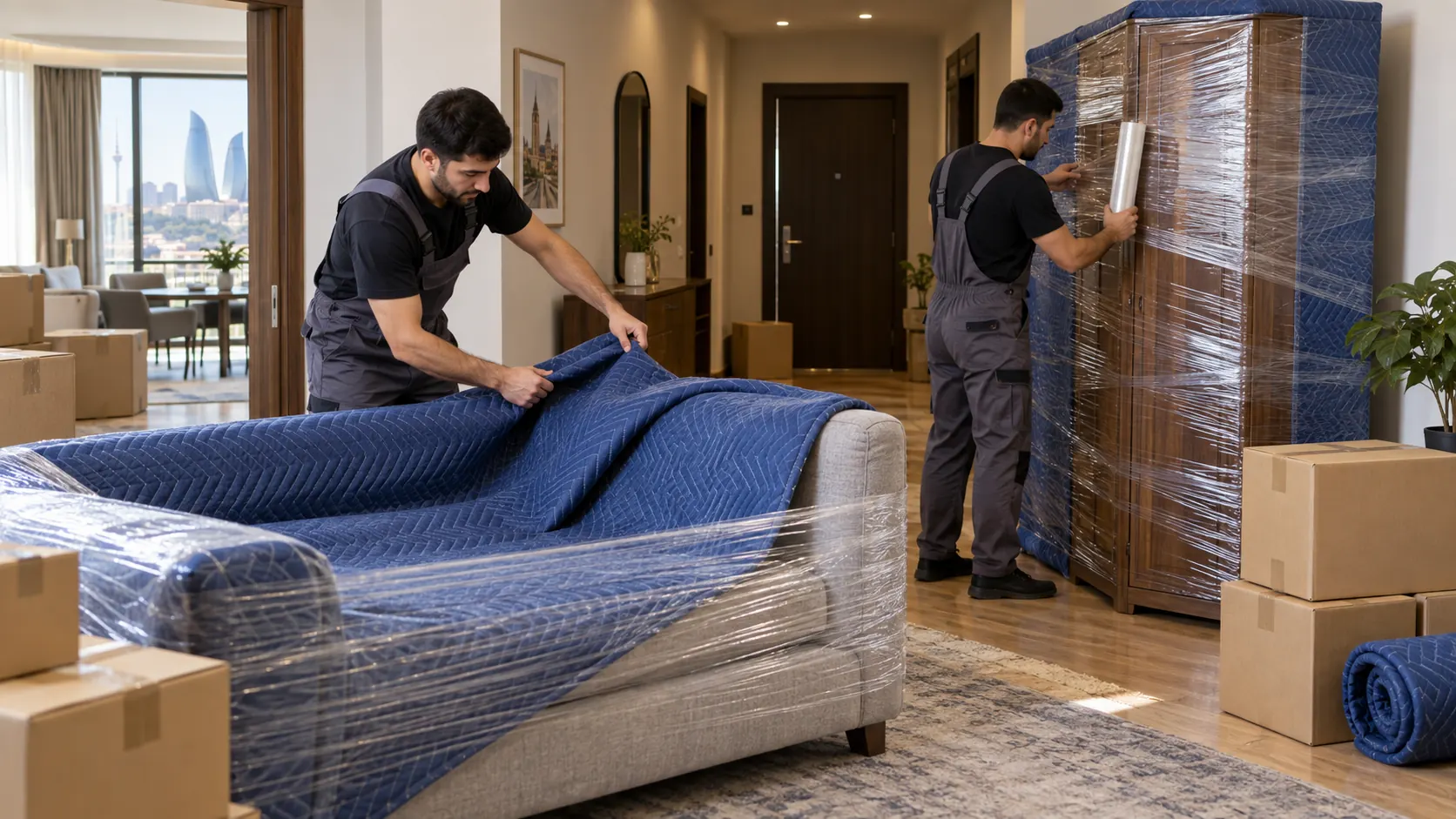 Furniture transport: packing sofas and wardrobes safely 2 Furniture transport with protective wrapping on a sofa and wardrobe in Baku