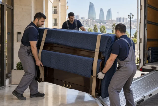 Bakıda pianinonun qoruyucu örtüklə təhlükəsiz daşınmasına hazırlaşan peşəkar heyət
