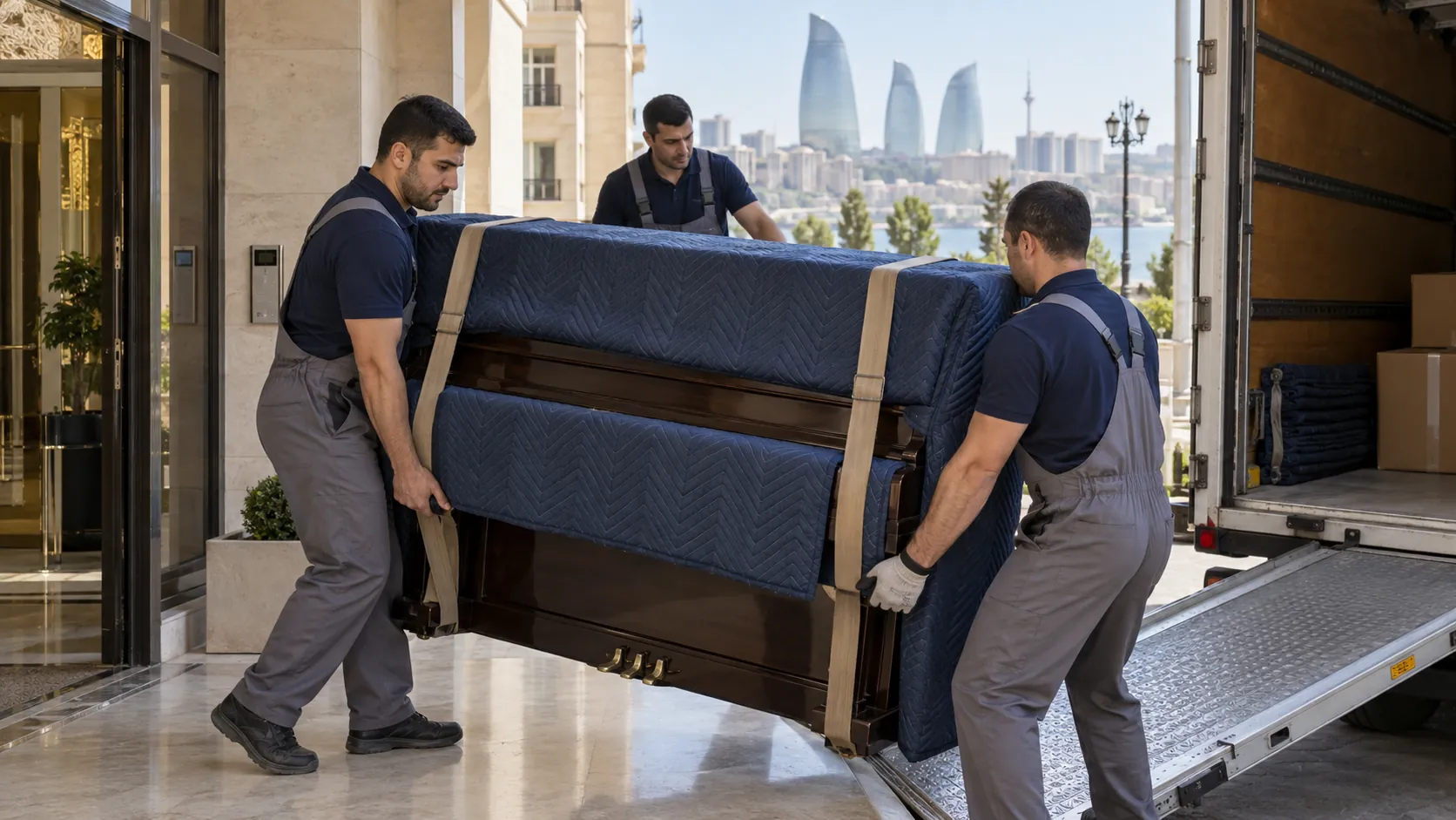 Bakıda pianinonun qoruyucu örtüklə təhlükəsiz daşınmasına hazırlaşan peşəkar heyət