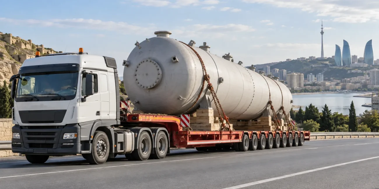 Qabarit yüklərin daşınması üçün platformalı yük maşınında bərkidilmiş iri sənaye avadanlığı