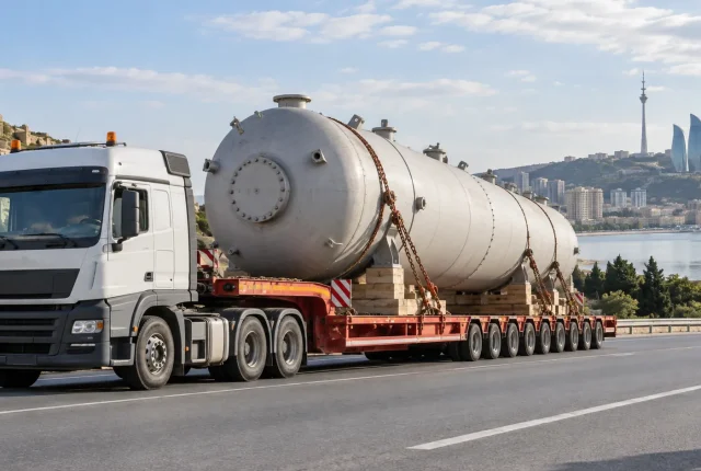 Qabarit yüklərin daşınması üçün platformalı yük maşınında bərkidilmiş iri sənaye avadanlığı