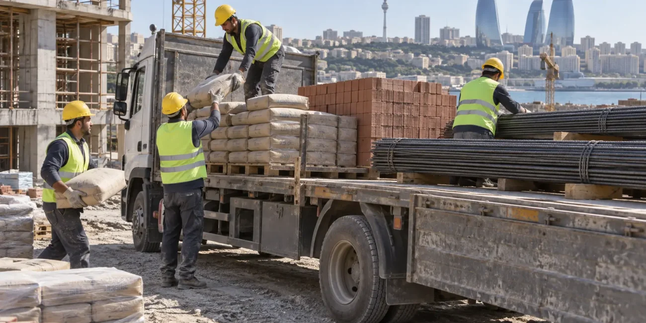 Tikinti materiallarının daşınması üçün yük maşınına yüklənmiş sement və armatur