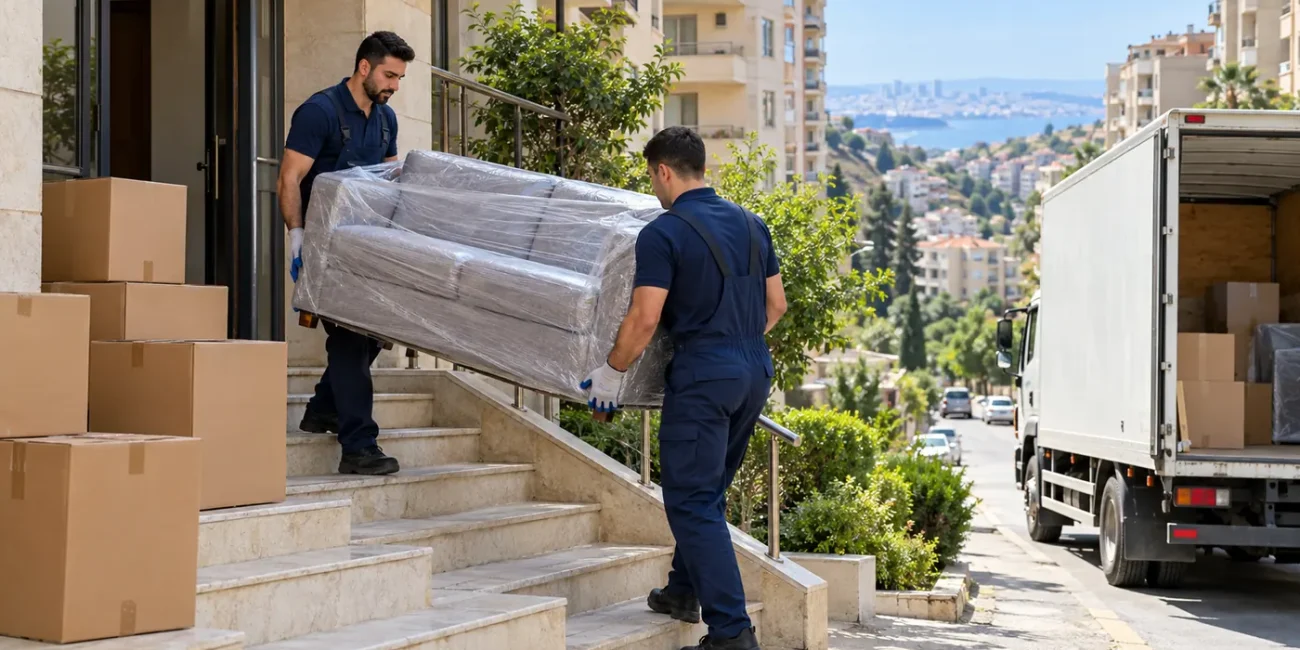 Badamdarda yükdaşıma xidməti zamanı pilləkənlə mebel daşıyan komanda