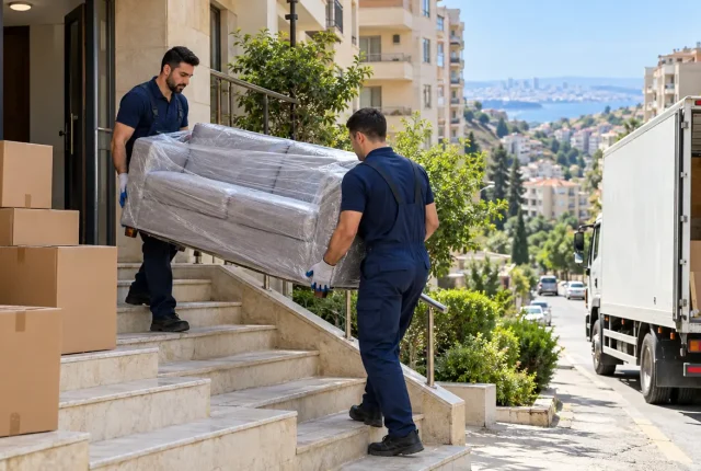 Badamdarda yükdaşıma xidməti zamanı pilləkənlə mebel daşıyan komanda