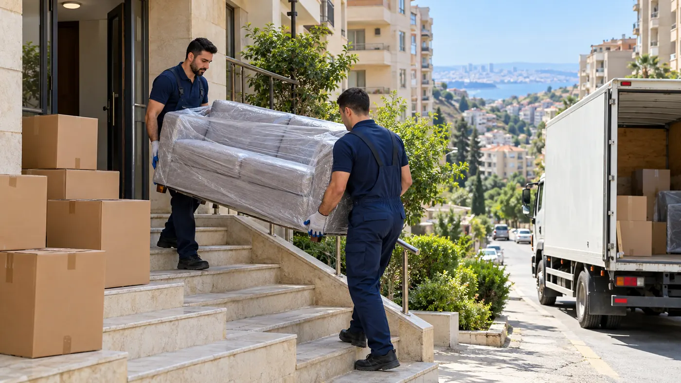 Movers carrying a wrapped sofa down apartment steps toward a truck in Badamdar