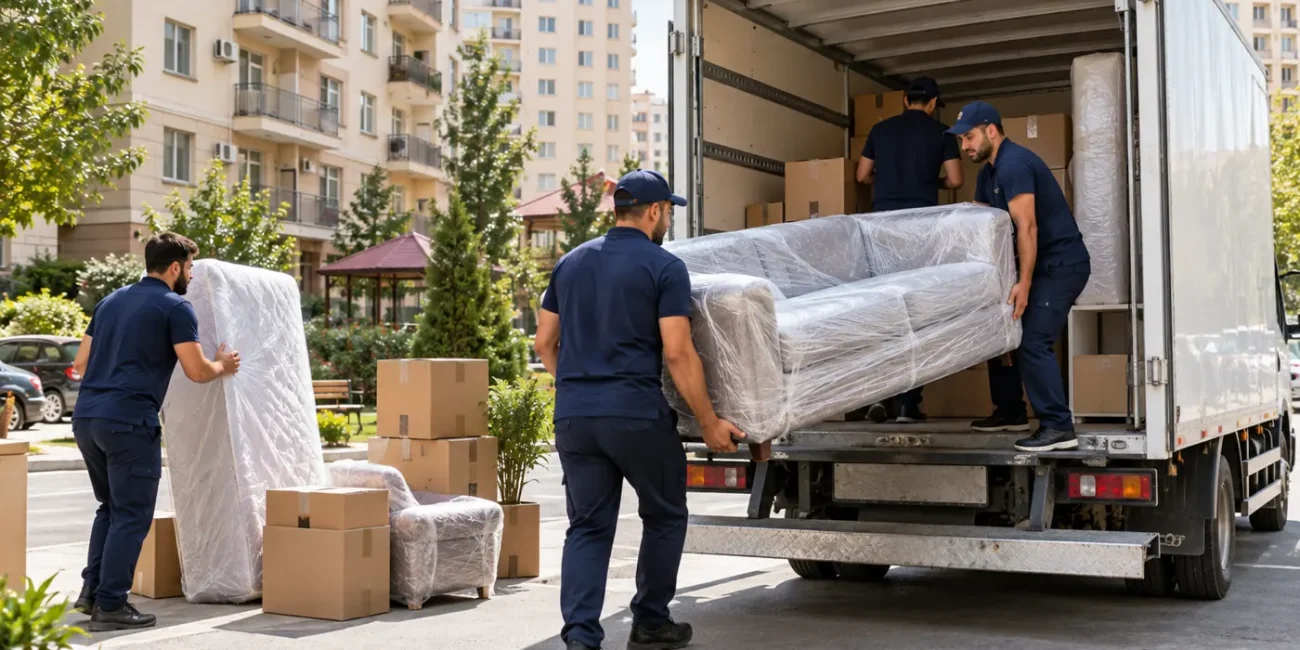 Binəqədidə yükdaşıma xidməti üçün divanı maşına yükləyən köç komandası
