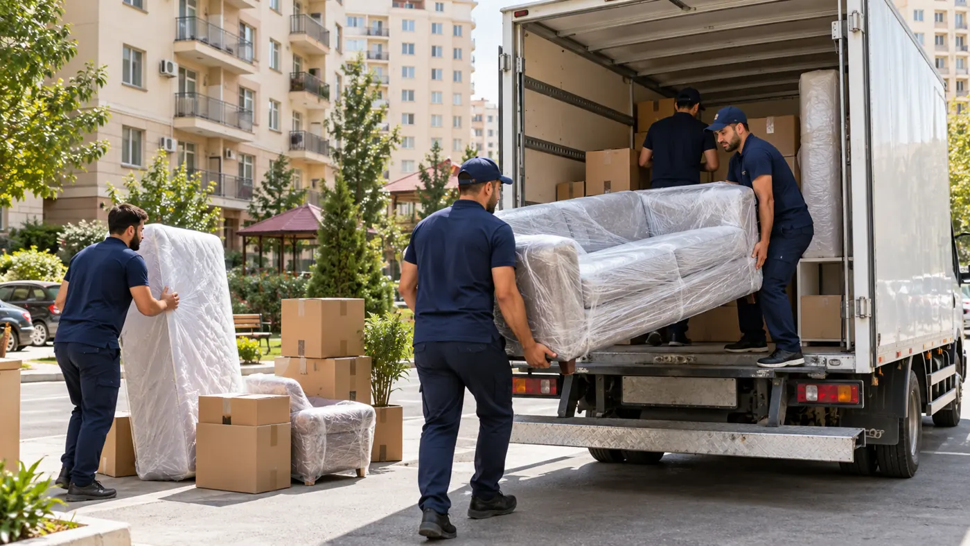 Movers loading a sofa into a truck for a home move in Binagadi