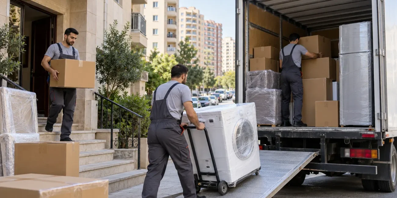 Əhmədlidə yükdaşıma xidməti üçün paltaryuyan və qutuları maşına yükləyən komanda