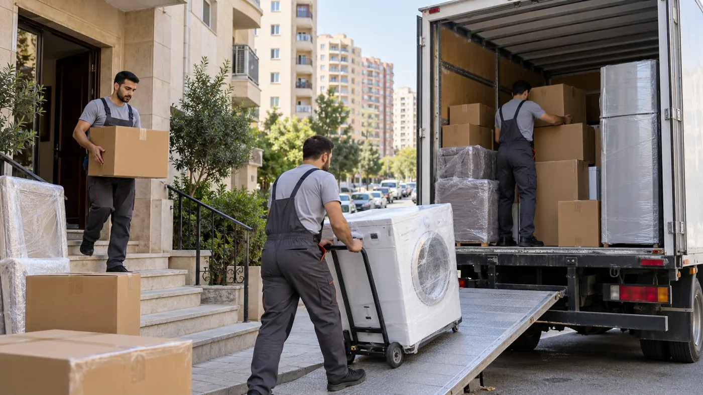 Movers loading a washing machine and boxes into a truck for a move in Ahmedli