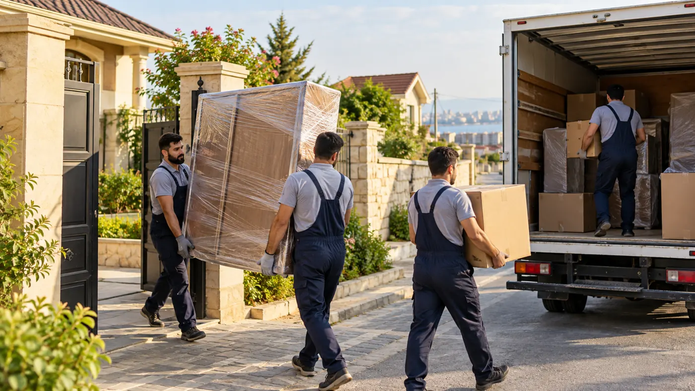 Movers carrying furniture and boxes from a house to a truck in Hovsan