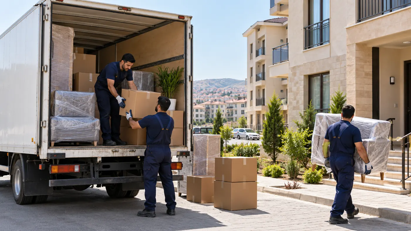 Movers loading furniture and boxes into a truck for a home move in Masazir