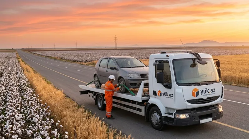 Naftalanda evakuator xidməti — Yuk.az loqolu evakuator və işçilər, düzənlik yolda