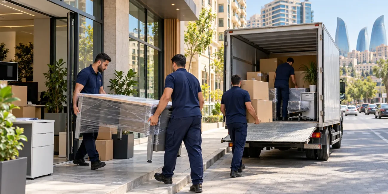 Nərimanovda ofis köçü üçün masanı və qutuları yük maşınına daşıyan komanda
