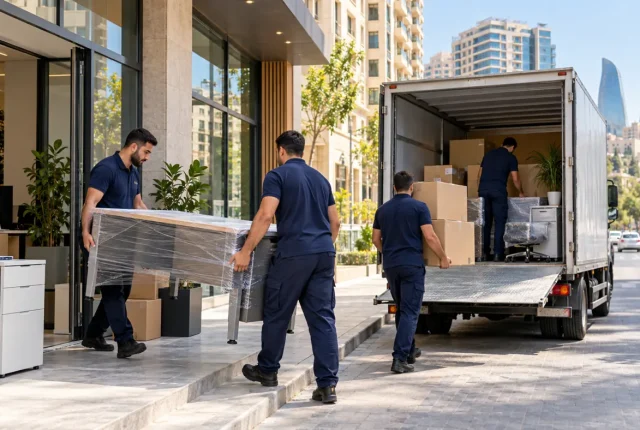 Movers carrying a desk and boxes to a truck for an office move in Narimanov