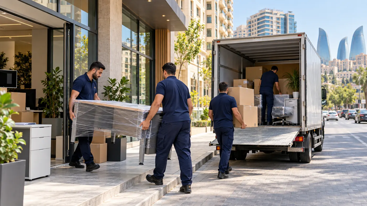 Movers carrying a desk and boxes to a truck for an office move in Narimanov