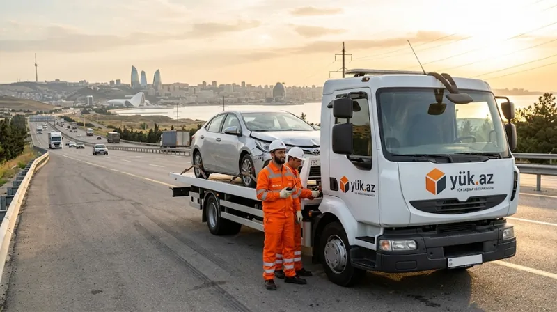 Xırdalanda evakuator xidməti — Yuk.az loqolu evakuator və işçilər, magistral yolda