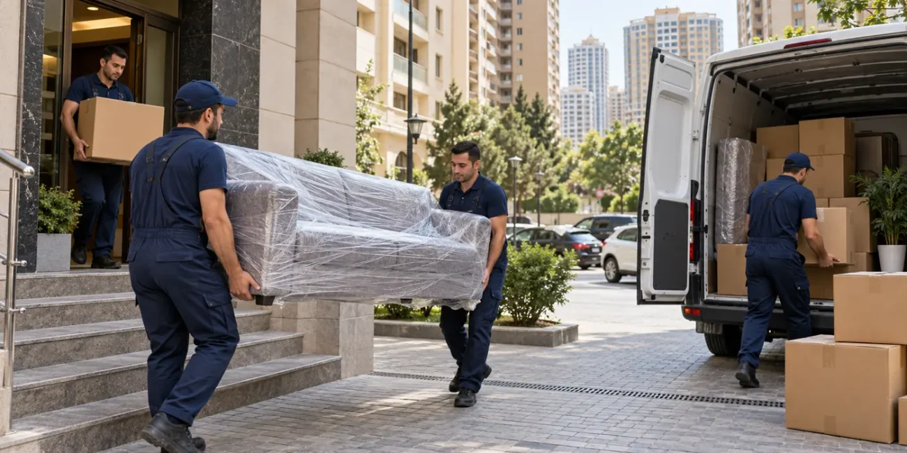 Yeni Yasamalda mənzil köçü zamanı divan və qutuları furqona daşıyan komanda
