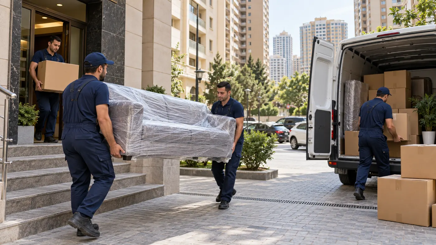 Movers loading furniture and boxes into a truck for a home move in Yeni Yasamal